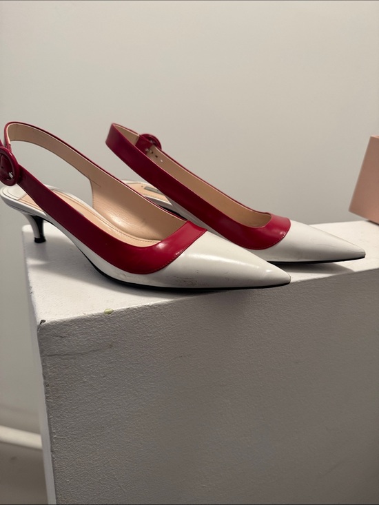 Prada Shoes - Prada Red and White Pointed Slingback Kitten Heels
